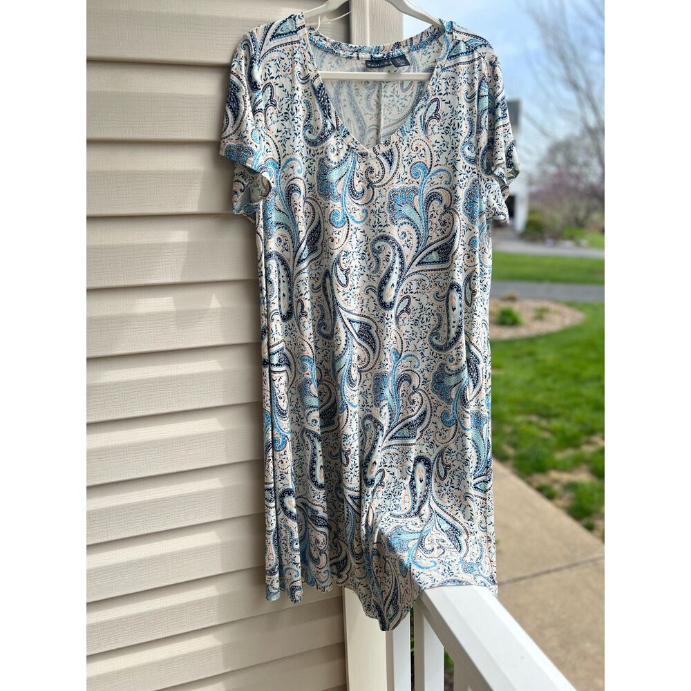 Tahari 2X Women Swing Jersey Dress White Blue Paisley Rayon New NWOT